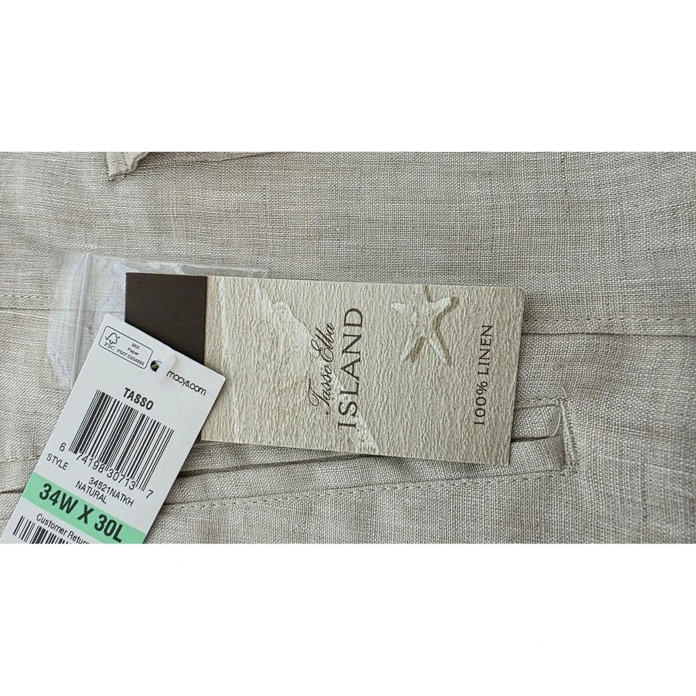 Tasso Elba Island Mens 34x30 Natural Linen Drawstring Straight Leg Pants NEW